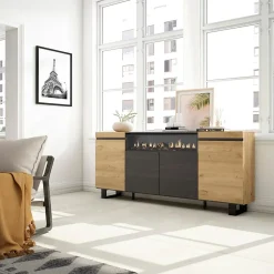 Buffet 200x35x87cm feu led sans chaleur couleur chêne et noir
