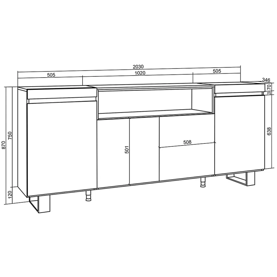 Buffet 200x35x87cm feu led sans chaleur couleur chêne et noir