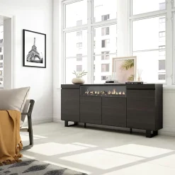Buffet 200x35x87cm feu led sans chaleur couleur noir