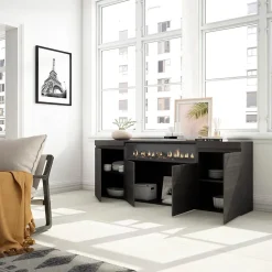 Buffet 200x35x87cm feu led sans chaleur couleur noir