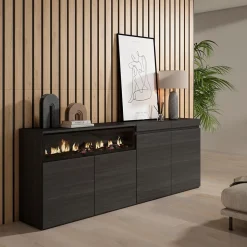 Buffet 200x35x75cm feu led sans chaleur couleur noir