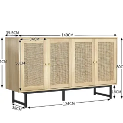 Buffet 140X39.5X80Cm Rotin 4 Portes Blackcolors