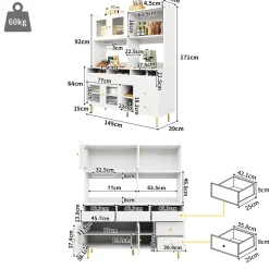 Buffets Hauts - Vaisselier Moderne avec Portes Vitrées et Rangement pour Cuisine, MDF et Métal, 145x39x171 cm, Blanc