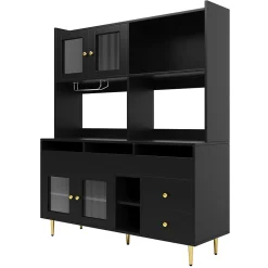 Buffets Hauts - Vaisselier Moderne avec Portes Vitrées et Rangement pour Cuisine, MDF et Métal, 145x39x171 cm, Noir