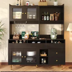 Buffets Hauts - Vaisselier Moderne avec Portes Vitrées et Rangement pour Cuisine, MDF et Métal, 145x39x171 cm, Noir