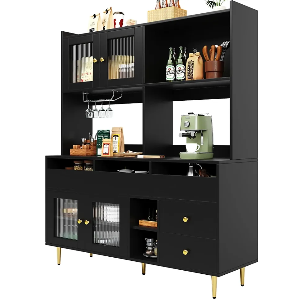 Buffets Hauts - Vaisselier Moderne avec Portes Vitrées et Rangement pour Cuisine, MDF et Métal, 145x39x171 cm, Noir