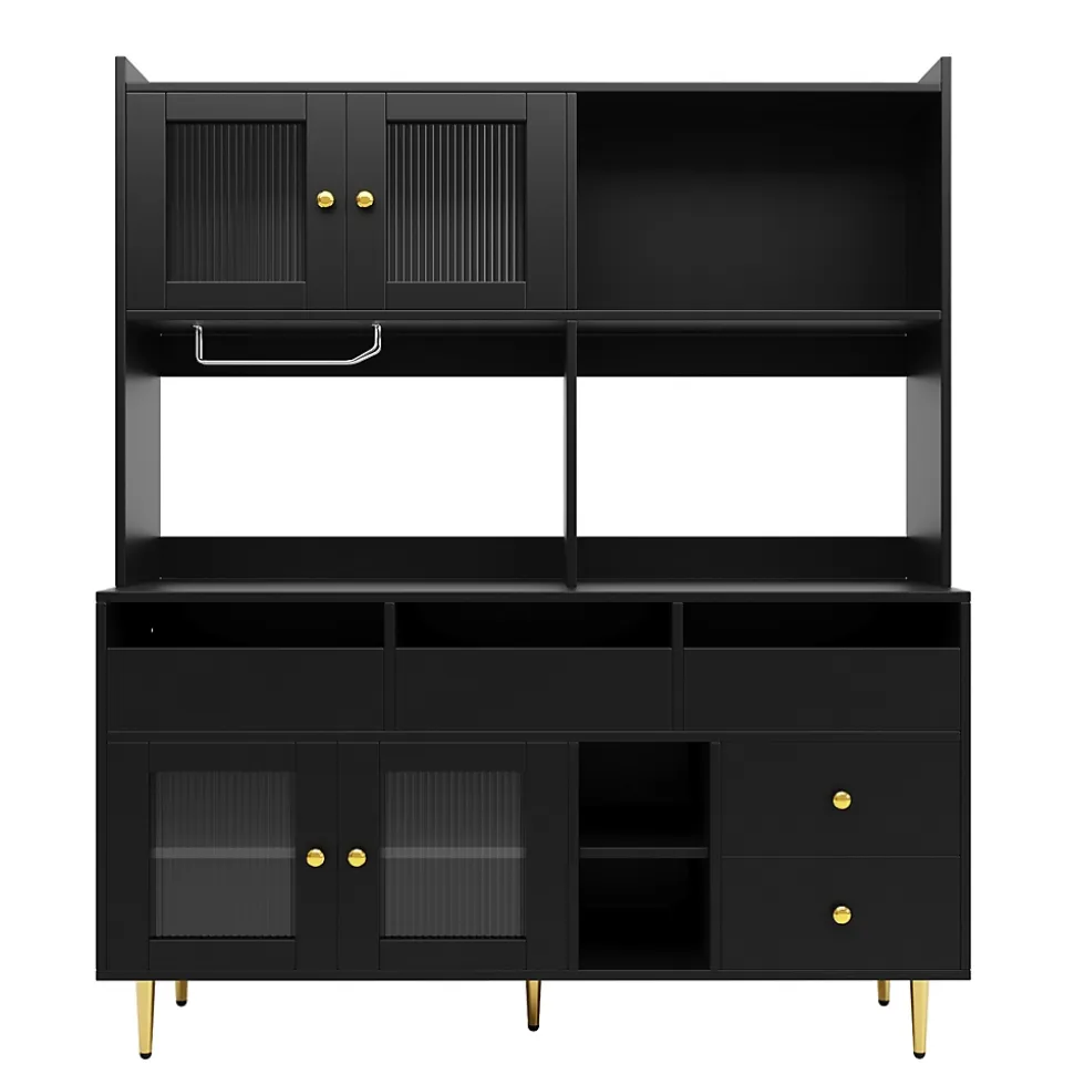 Buffets Hauts - Vaisselier Moderne avec Portes Vitrées et Rangement pour Cuisine, MDF et Métal, 145x39x171 cm, Noir