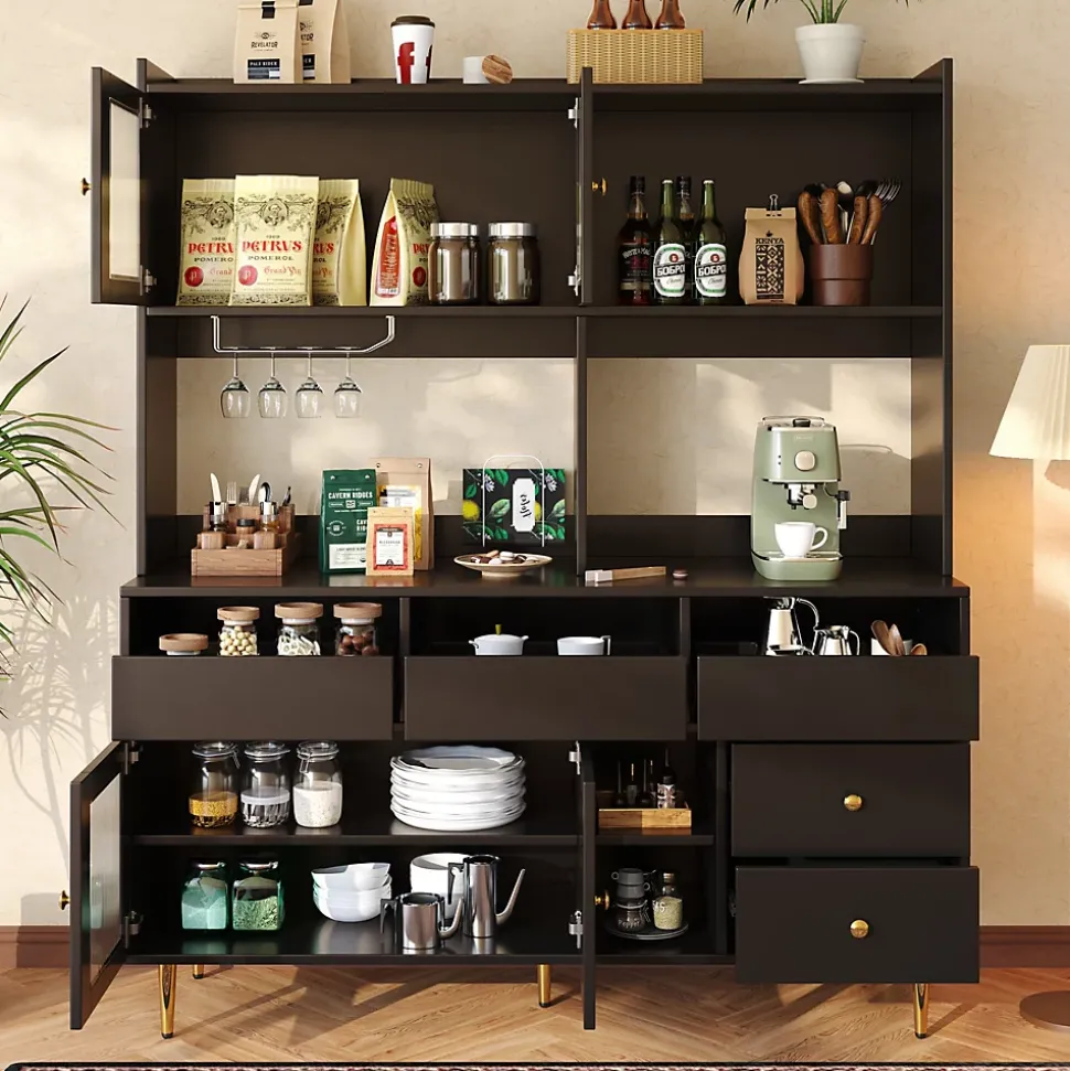 Buffets Hauts - Vaisselier Moderne avec Portes Vitrées et Rangement pour Cuisine, MDF et Métal, 145x39x171 cm, Noir