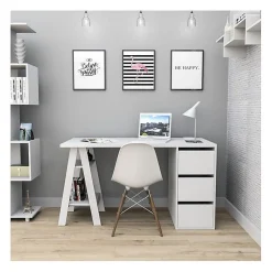 Bureau - Blanc - Tréteau et Caisson - 3 Tiroirs - 2 Niches - Droit 135x60x75 cm