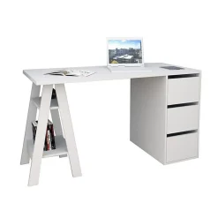 Bureau - Blanc - Tréteau et Caisson - 3 Tiroirs - 2 Niches - Droit 135x60x75 cm