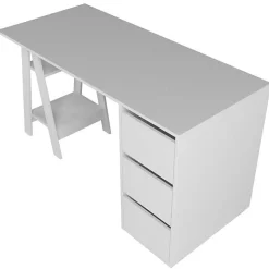 Bureau - Blanc - Tréteau et Caisson - 3 Tiroirs - 2 Niches - Droit 135x60x75 cm