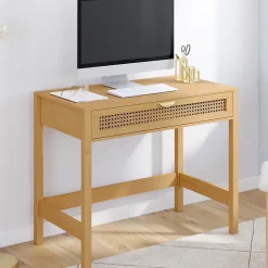 Bureau 1 tiroir EDHEN bois et cannage