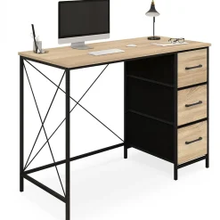 Bureau 3 tiroirs en tissu UTAH bois et noir design industriel