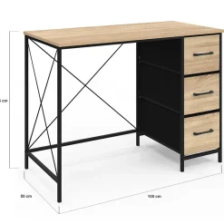 Bureau 3 tiroirs en tissu UTAH bois et noir design industriel