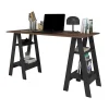 Bureau 2 Tréteaux 4 Niches Noir et Châtaignier L 135 H 75 P 60 cm - L 135 x l 60 x H 75 cm