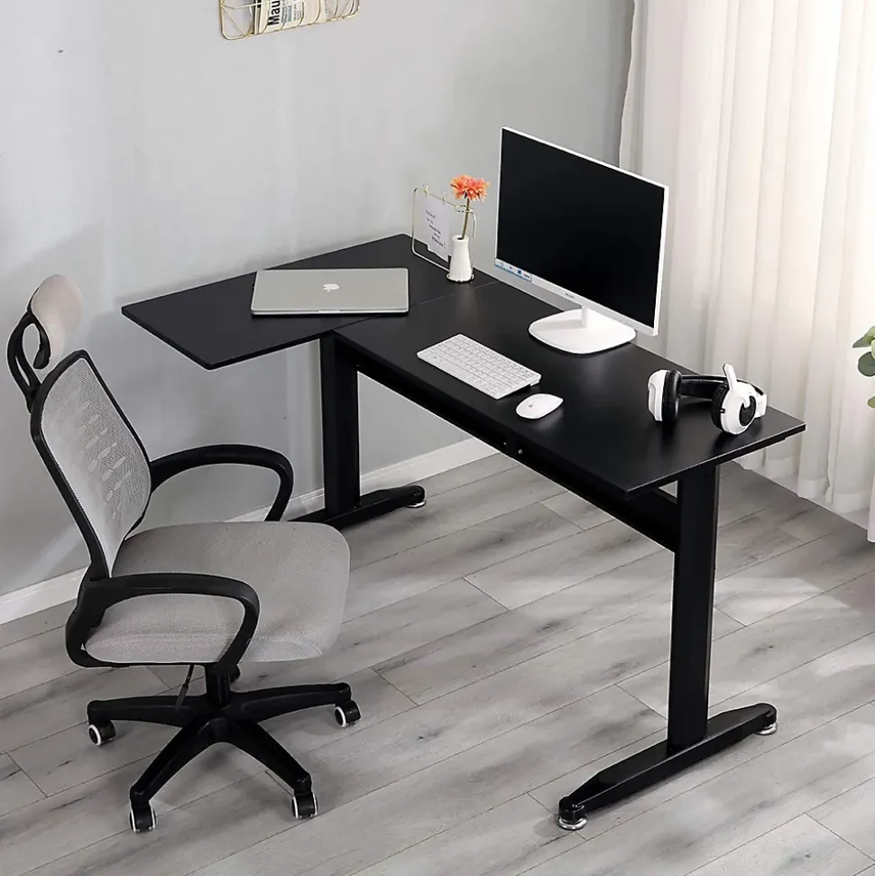Bureau Acua, Bureau d'angle, Bureau polyvalent, Bureau fixe peu encombrant, 80x140h75 cm, Noir