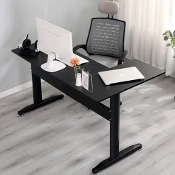 Bureau Acua, Bureau d'angle, Bureau polyvalent, Bureau fixe peu encombrant, 80x140h75 cm, Noir