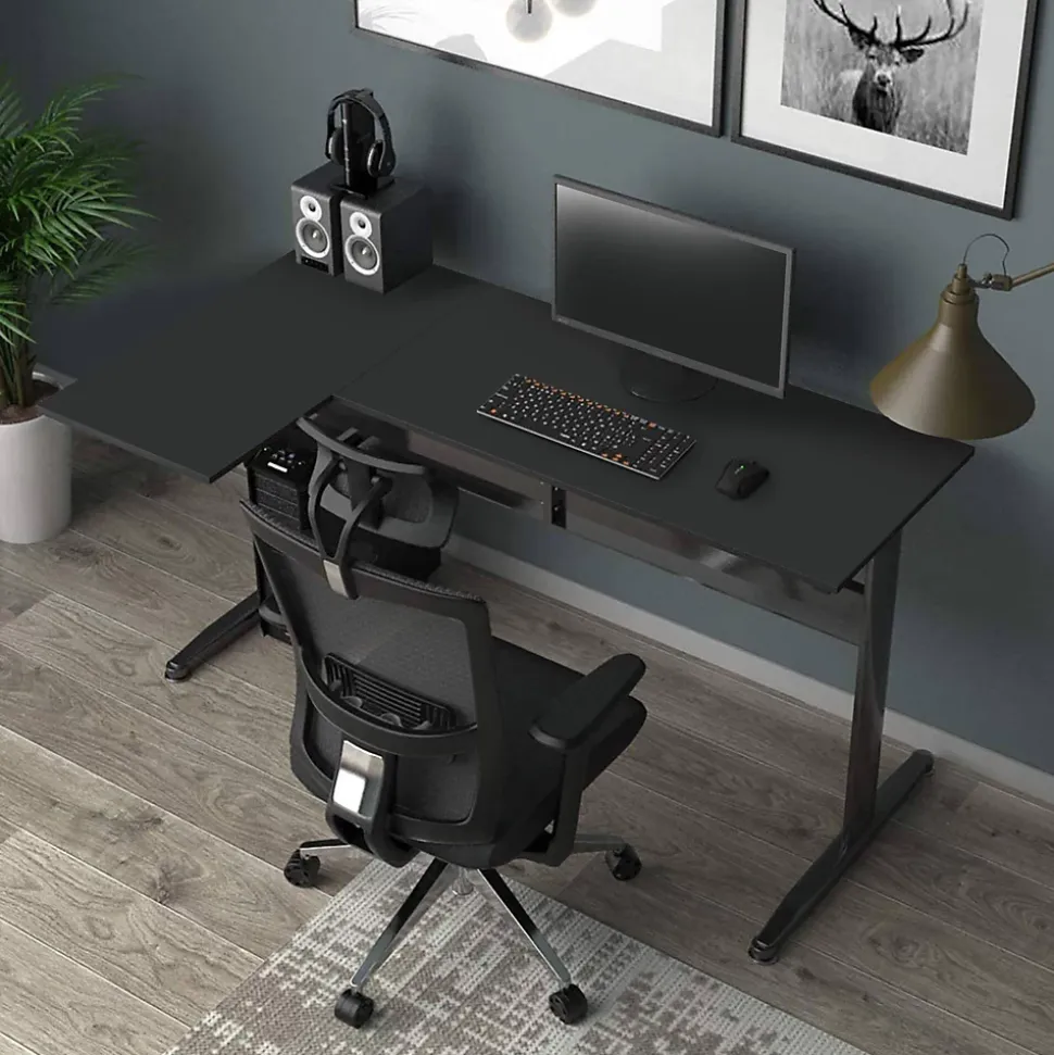 Bureau Acua, Bureau d'angle, Bureau polyvalent, Bureau fixe peu encombrant, 80x140h75 cm, Noir