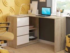 Bureau AKORD d'angle Chêne Sonoma 124 cm 3 tiroirs façade Blanche 2 étagères 124x85x77 cm