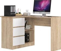 Bureau AKORD d'angle Chêne Sonoma 124 cm 3 tiroirs façade Blanche 2 étagères 124x85x77 cm