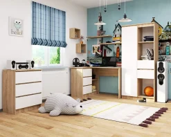 Bureau AKORD d'angle Chêne Sonoma 124 cm 3 tiroirs façade Blanche 2 étagères 124x85x77 cm