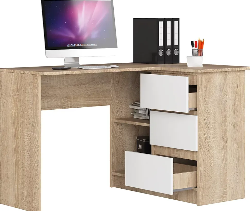 Bureau AKORD d'angle droit B16 Chêne Sonoma 124 cm 3 tiroirs façade Blanche 2 étagères 124x85x77 cm