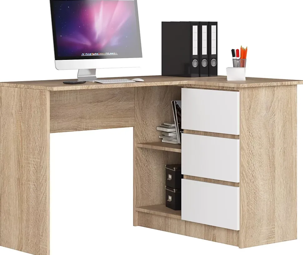 Bureau AKORD d'angle droit B16 Chêne Sonoma 124 cm 3 tiroirs façade Blanche 2 étagères 124x85x77 cm