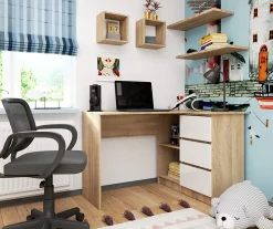 Bureau AKORD d'angle droit B16 Chêne Sonoma 124 cm 3 tiroirs façade Blanche 2 étagères 124x85x77 cm