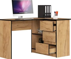 Bureau AKORD d'angle droit B16 Chêne Craft 124 cm 3 tiroirs façade Chêne Craft 2 étagères 124x85x77 cm
