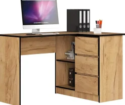 Bureau AKORD d'angle droit B16 Chêne Craft 124 cm 3 tiroirs façade Chêne Craft 2 étagères 124x85x77 cm