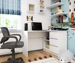 Bureau AKORD d'angle droit B16 Blanc 124 cm 3 tiroirs façade Blanche 2 étagères 124x85x77 cm