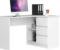 Bureau AKORD d'angle droit B16 Blanc 124 cm 3 tiroirs façade Blanche 2 étagères 124x85x77 cm