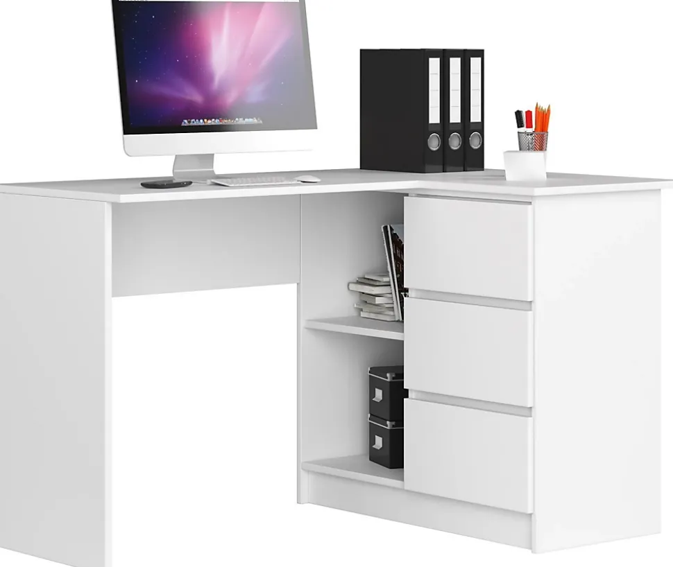 Bureau AKORD d'angle droit B16 Blanc 124 cm 3 tiroirs façade Blanche 2 étagères 124x85x77 cm
