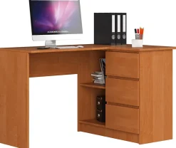 Bureau AKORD d'angle droit B16 Aulne 124 cm 3 tiroirs façade Aulne 2 étagères 124x85x77 cm