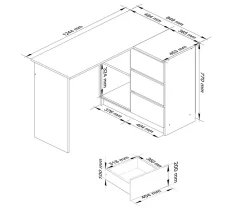 Bureau AKORD d'angle droit B16 Blanc 124 cm 3 tiroirs façade Chêne Sonoma 2 étagères 124x85x77 cm