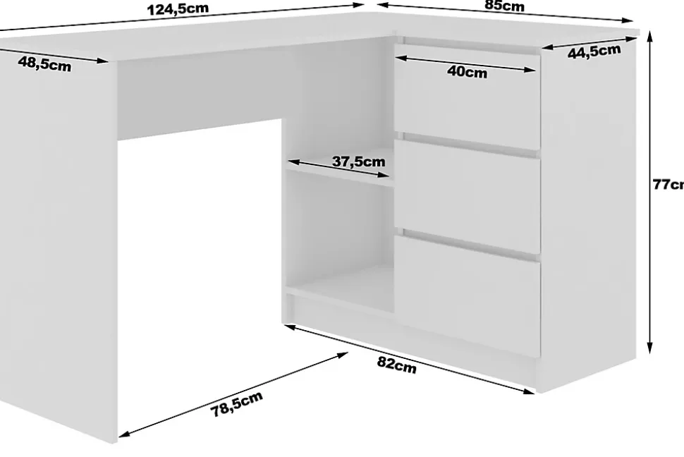 Bureau AKORD d'angle droit B16 Blanc 124 cm 3 tiroirs façade Chêne Sonoma 2 étagères 124x85x77 cm