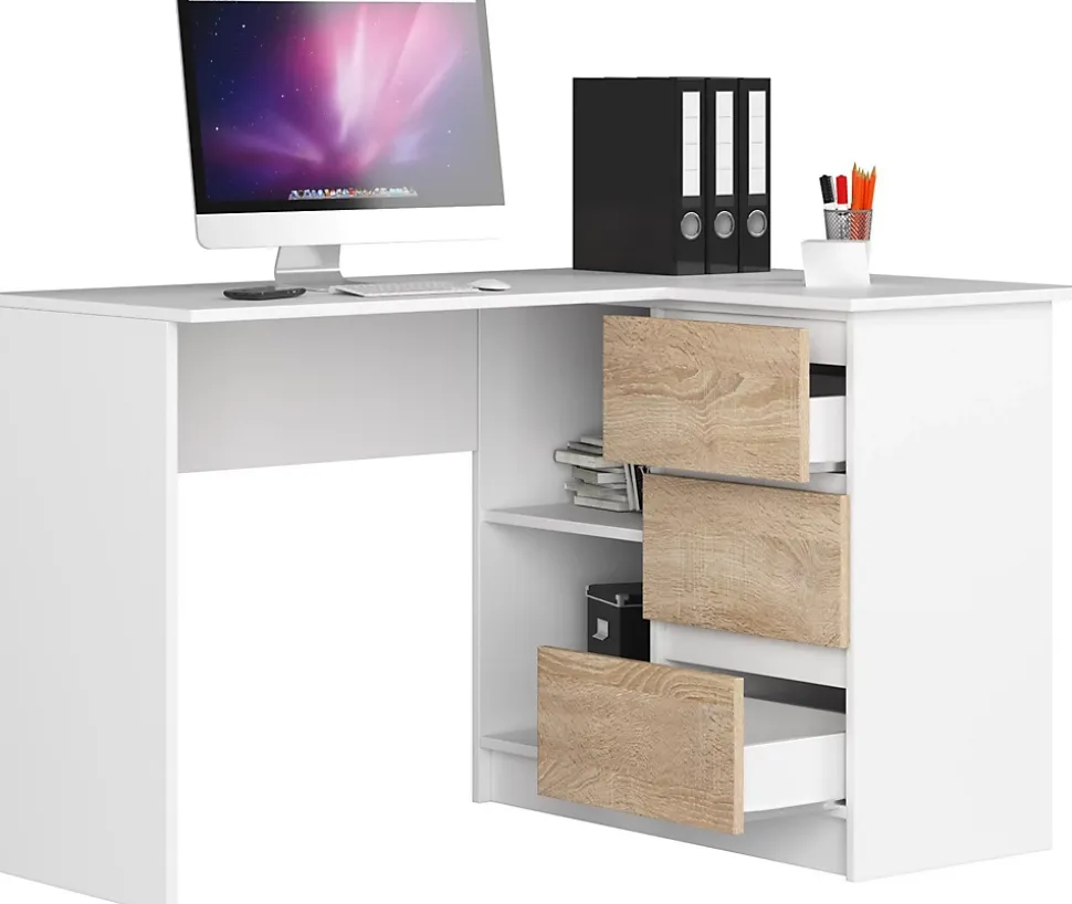 Bureau AKORD d'angle droit B16 Blanc 124 cm 3 tiroirs façade Chêne Sonoma 2 étagères 124x85x77 cm