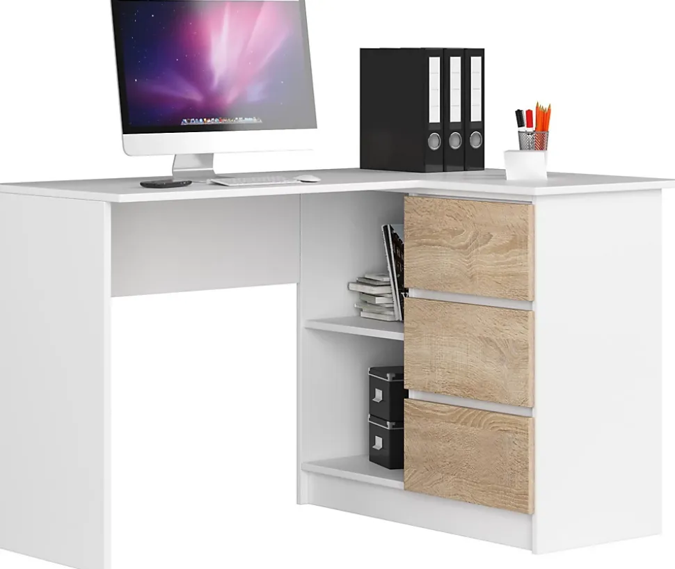 Bureau AKORD d'angle droit B16 Blanc 124 cm 3 tiroirs façade Chêne Sonoma 2 étagères 124x85x77 cm