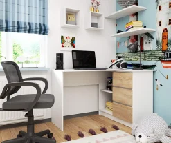 Bureau AKORD d'angle droit B16 Blanc 124 cm 3 tiroirs façade Chêne Sonoma 2 étagères 124x85x77 cm