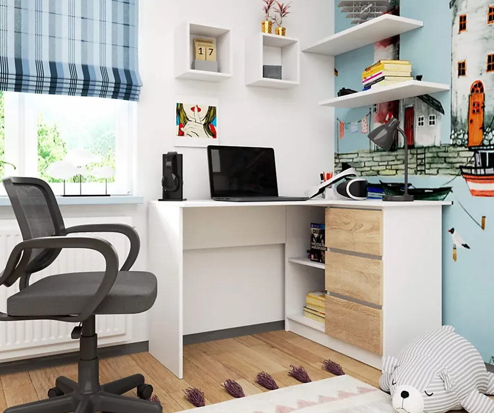 Bureau AKORD d'angle droit B16 Blanc 124 cm 3 tiroirs façade Chêne Sonoma 2 étagères 124x85x77 cm