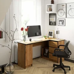 Bureau AKORD d'angle droit B20 Chêne Craft 155 cm 1 porte 3 tiroirs façade Chêne Craft 4 étagères 155x85x77 cm