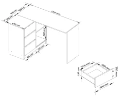 Bureau AKORD d'angle gauche B16 Chêne Artisan 124 cm 3 tiroirs façade Blanche 2 étagères 124x85x77 cm