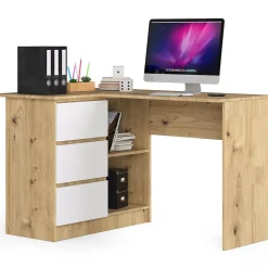 Bureau AKORD d'angle gauche B16 Chêne Artisan 124 cm 3 tiroirs façade Blanche 2 étagères 124x85x77 cm