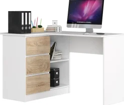 Bureau AKORD d'angle gauche B16 Blanc 124 cm 3 tiroirs façade Chêne Sonoma 2 étagères 124x85x77 cm