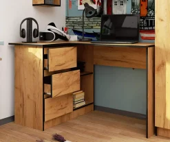 Bureau AKORD d'angle gauche B16 Chêne Craft 124 cm 3 tiroirs façade Chêne Craft 2 étagères 124x85x77 cm