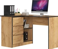 Bureau AKORD d'angle gauche B16 Chêne Craft 124 cm 3 tiroirs façade Chêne Craft 2 étagères 124x85x77 cm