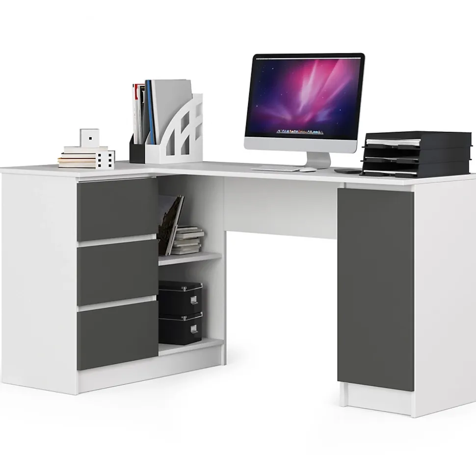 Bureau AKORD d'angle gauche B20 Blanc 155 cm 1 porte 3 tiroirs façade Gris Graphite 4 étagères 155x85x77 cm