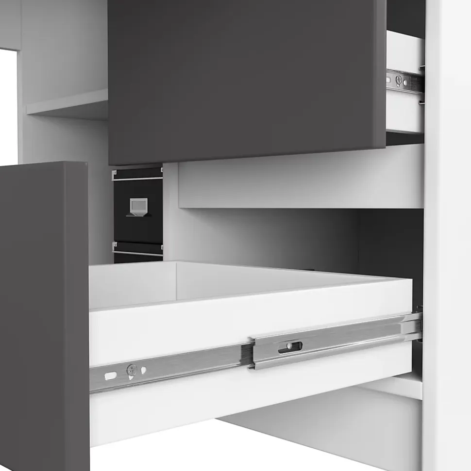 Bureau AKORD d'angle gauche B20 Blanc 155 cm 1 porte 3 tiroirs façade Gris Graphite 4 étagères 155x85x77 cm