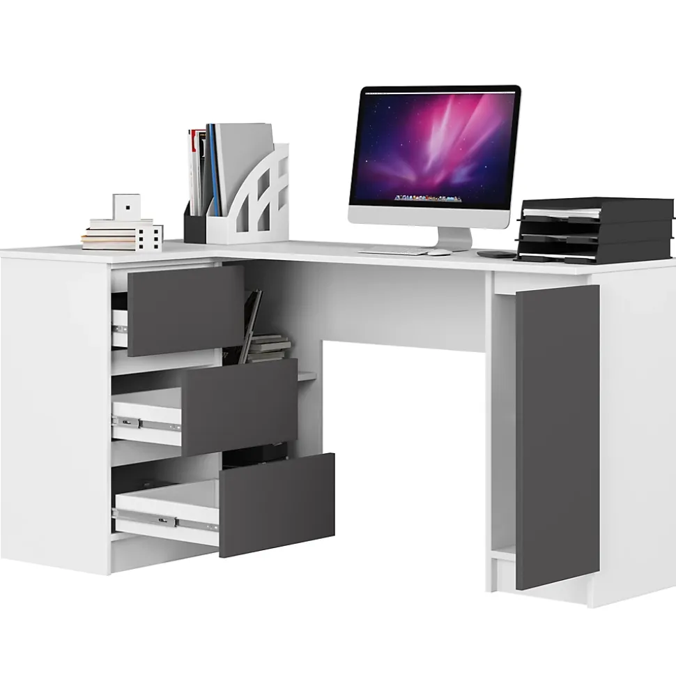 Bureau AKORD d'angle gauche B20 Blanc 155 cm 1 porte 3 tiroirs façade Gris Graphite 4 étagères 155x85x77 cm