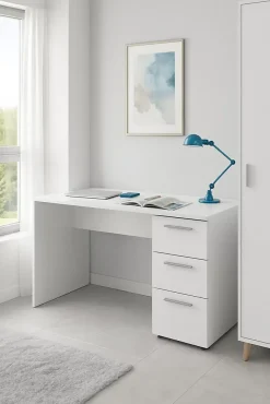 Bureau Alimet, Bureau moderne, Table d'étude avec commode avec 2 tiroirs et 1 porte, 138x60h74 cm, Blanc